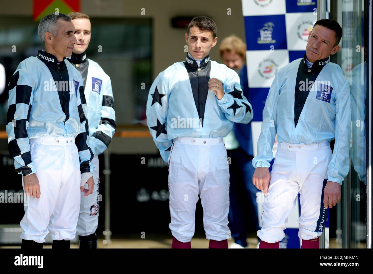 Team Europe captained by Frankie Dettori (far right) alongside Jose-Luis Martinez, Rene Piechulek and Antonio Fresu during the Shergar Cup Meeting at Ascot Racecourse. Picture date: Saturday August 8, 2022. Stock Photo
