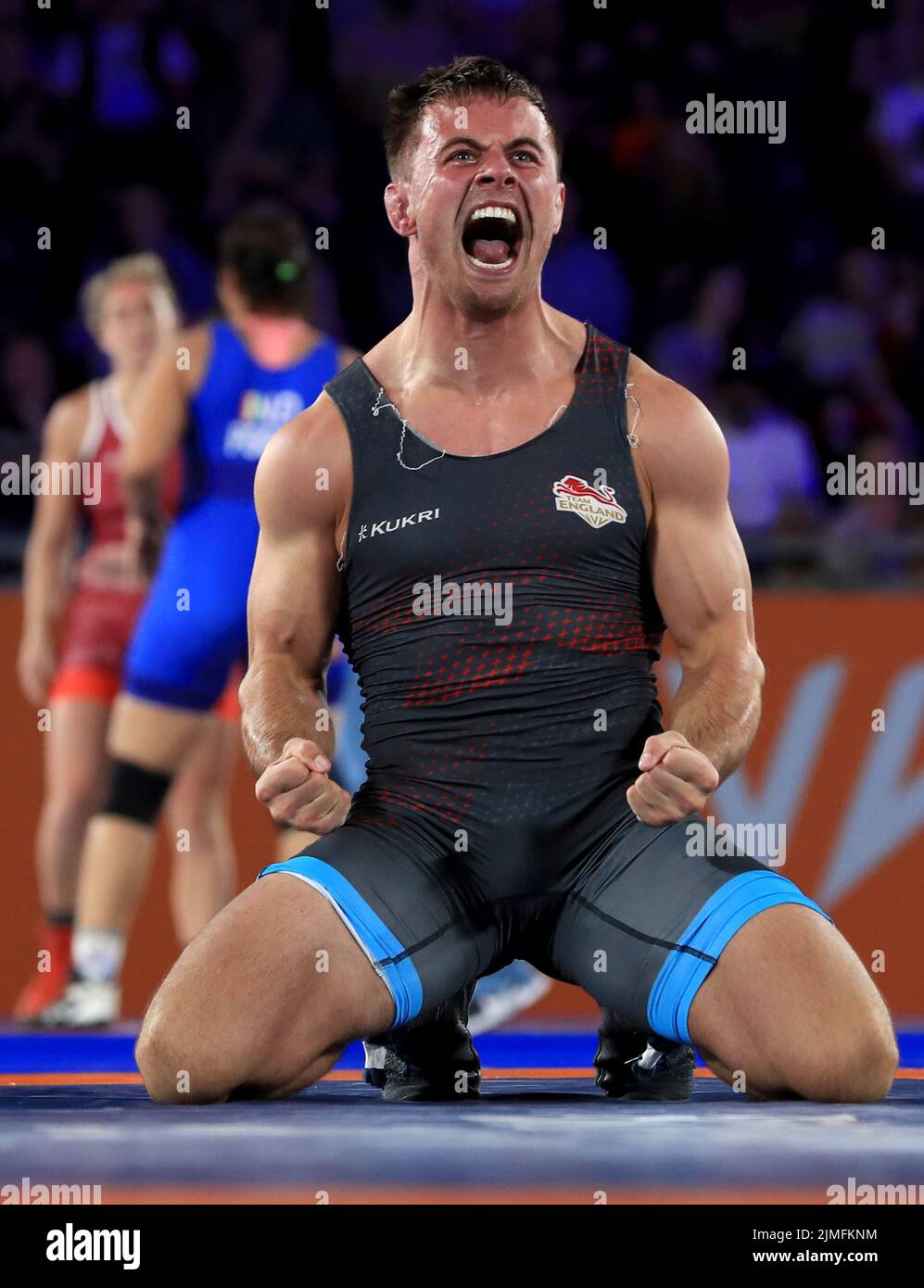 England’s Charlie Bowling celebrates winning against South Africa’s Arno van Zijl in the Men’s Freestyle 74kg Quarter Final at the Coventry Arena on day nine of the 2022 Commonwealth Games. Picture date: Saturday August 6, 2022. Stock Photo