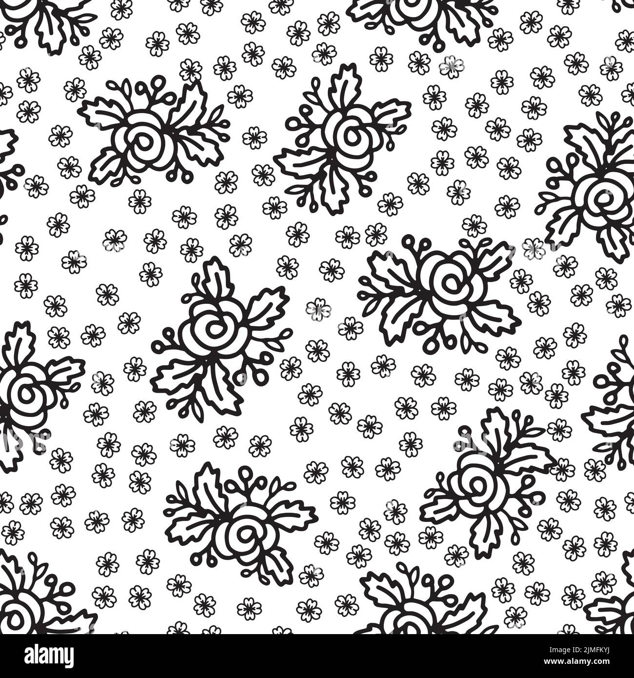 Floral black and white seamless pattern for textile or design background with hand drawn rose flower Stock Vector