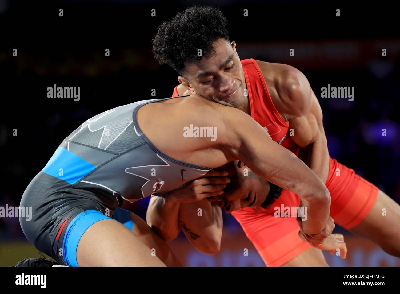 Tonga’s John Vake competes against Canada’s Jasmit Singh Phulka in the Men’s Freestyle 74kg Repechage Round 2 at the Coventry Arena on day nine of the 2022 Commonwealth Games. Picture date: Saturday August 6, 2022. Stock Photo