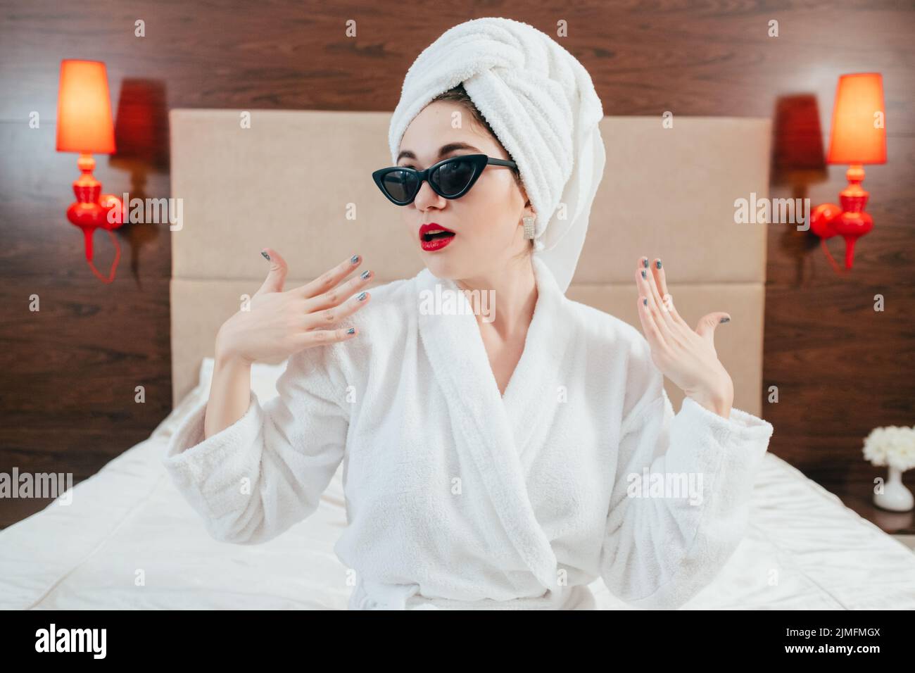 beauty care treatment young woman bathrobe turban Stock Photo