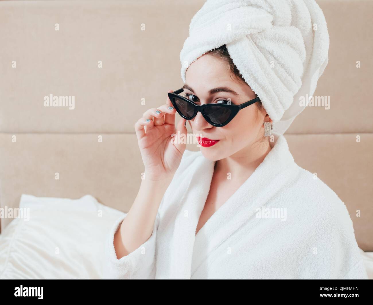 young woman care leisure relaxation bathrobe Stock Photo