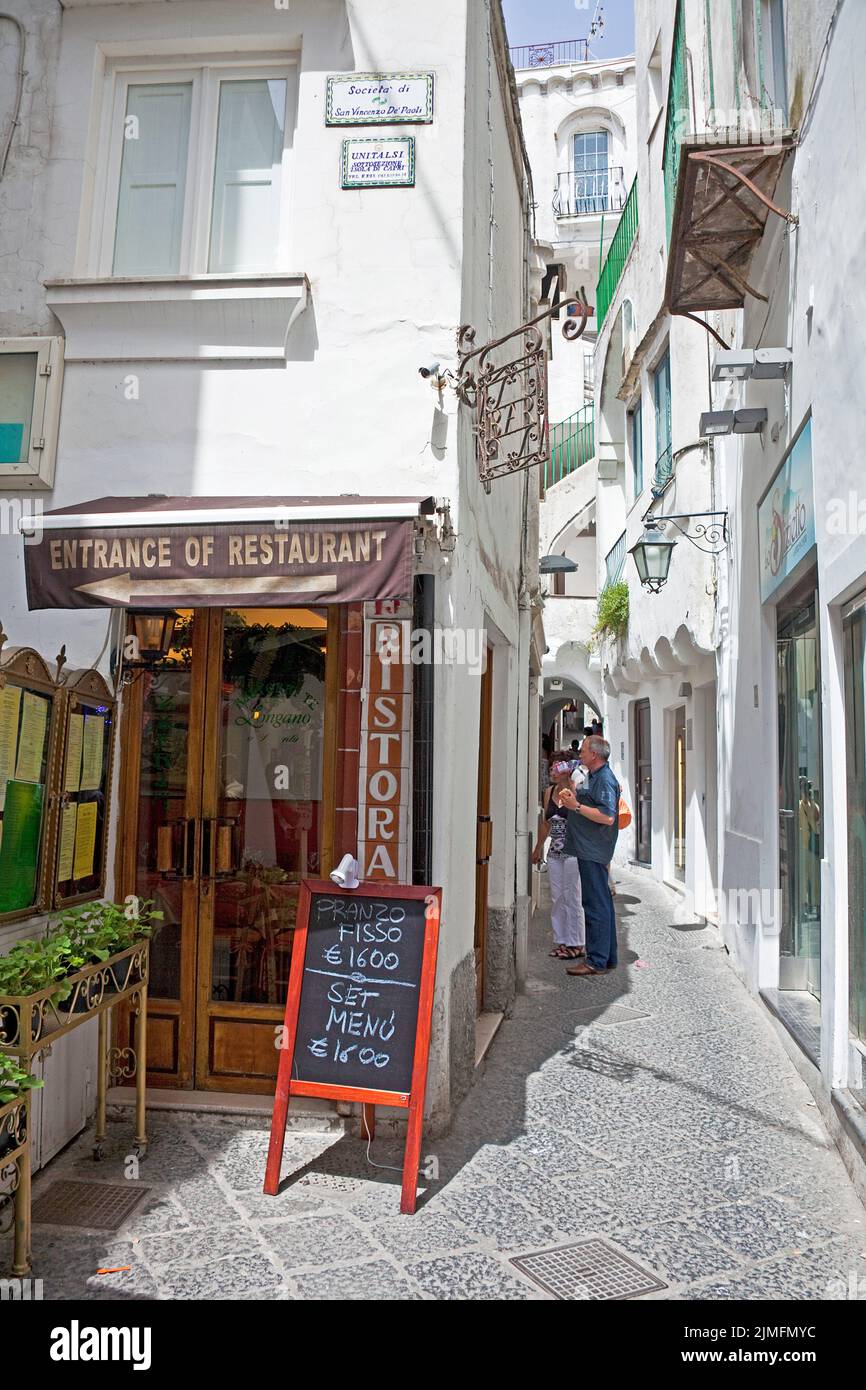 Restaurant in a alley at the old town of Capri town, Capri island, Gulf of Naples, Campania, Italy, Europe Stock Photo