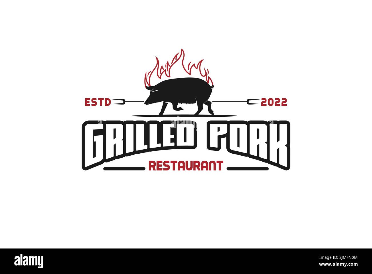 Grilled Pork Restaurant Logo With Burnt Pig Icon And Fork Inspirational Design Stock Vector