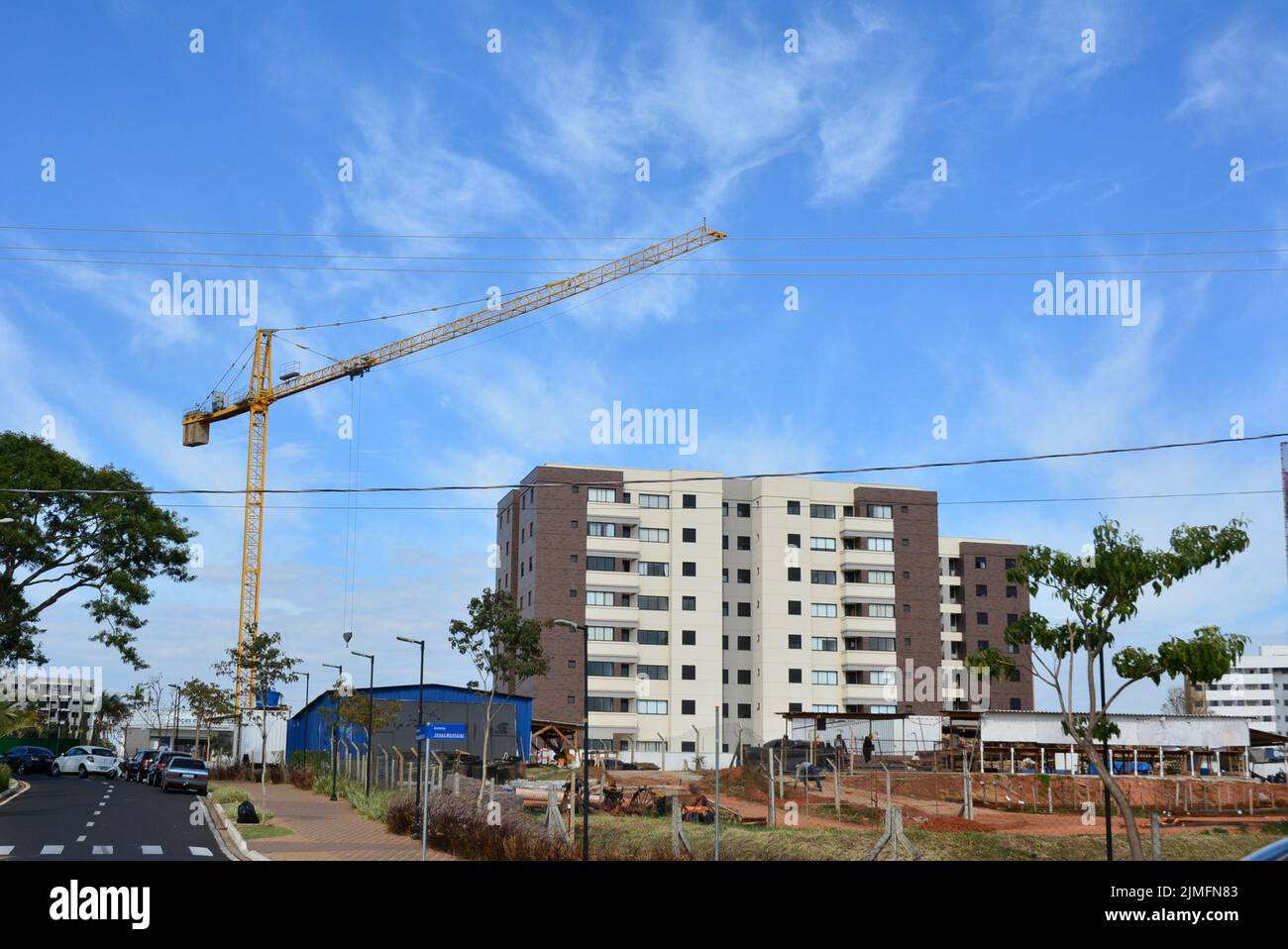 Crane, large yellow equipment used in civil construction, Brazil, South America, panoramic photo Stock Photo