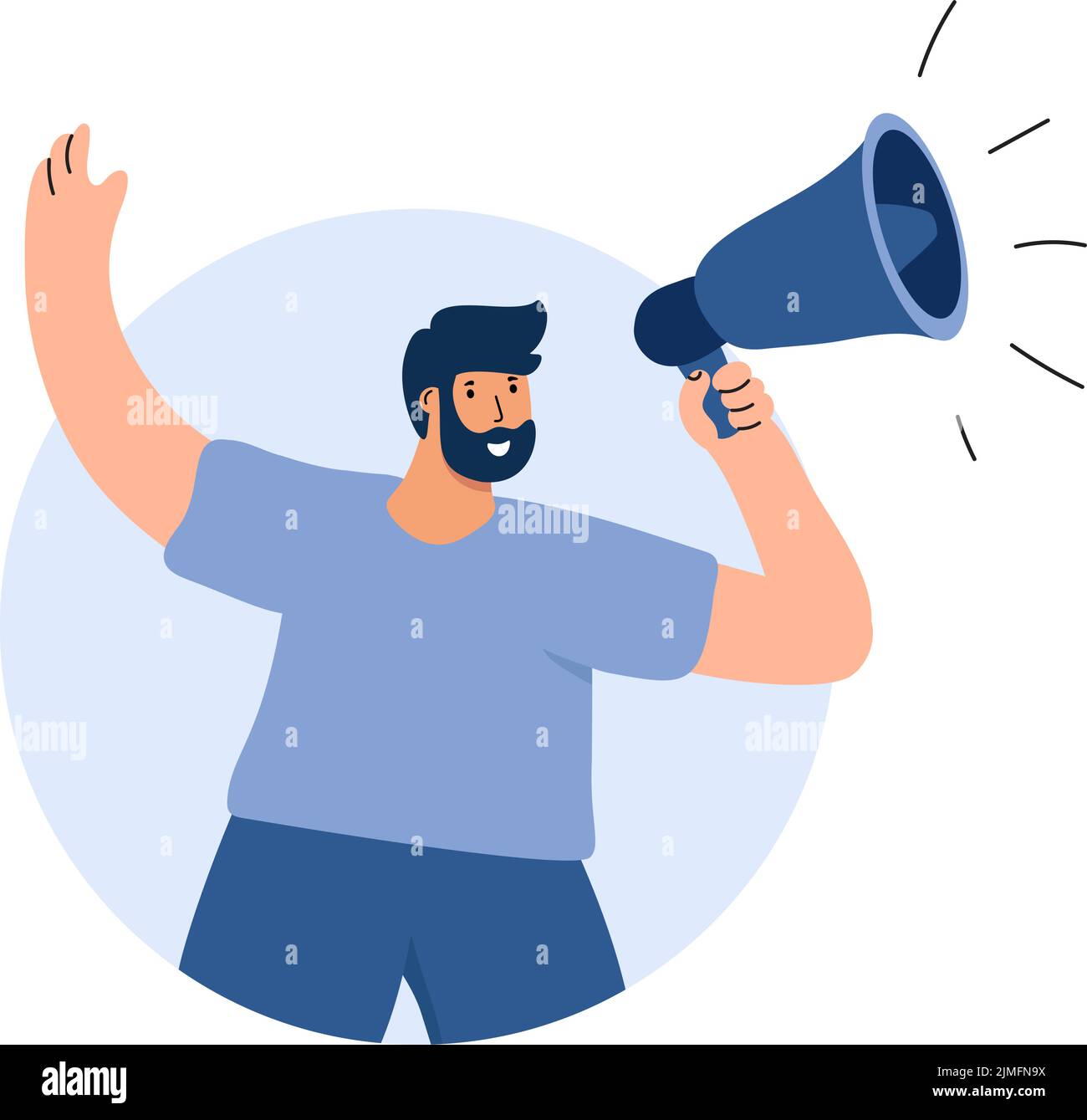 Young vector man shouting into megaphone about discount or protest. Boy warning about seasonal sales flat illustration shopping. Online campaign Stock Vector