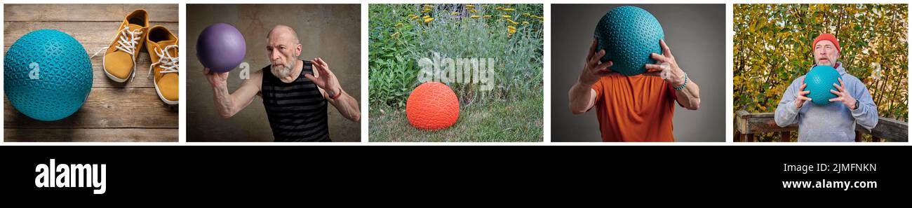 medicine and slam balls workout, a set of pictures featuring the same senior man in late 60s, web banner Stock Photo