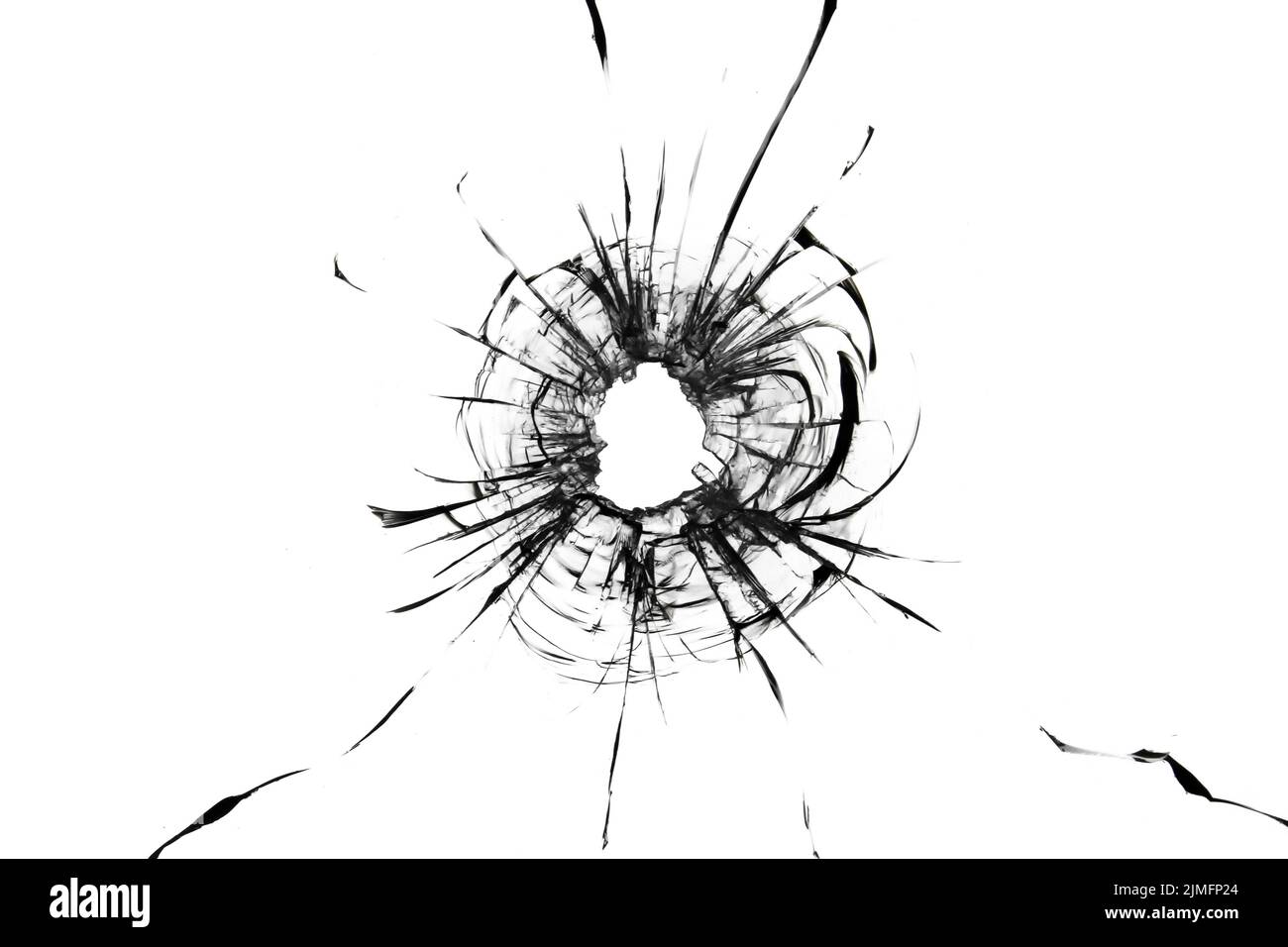 Broken glass, the texture of cracks from a shot through a bullet window. Cracked abstraction on a white background. Stock Photo