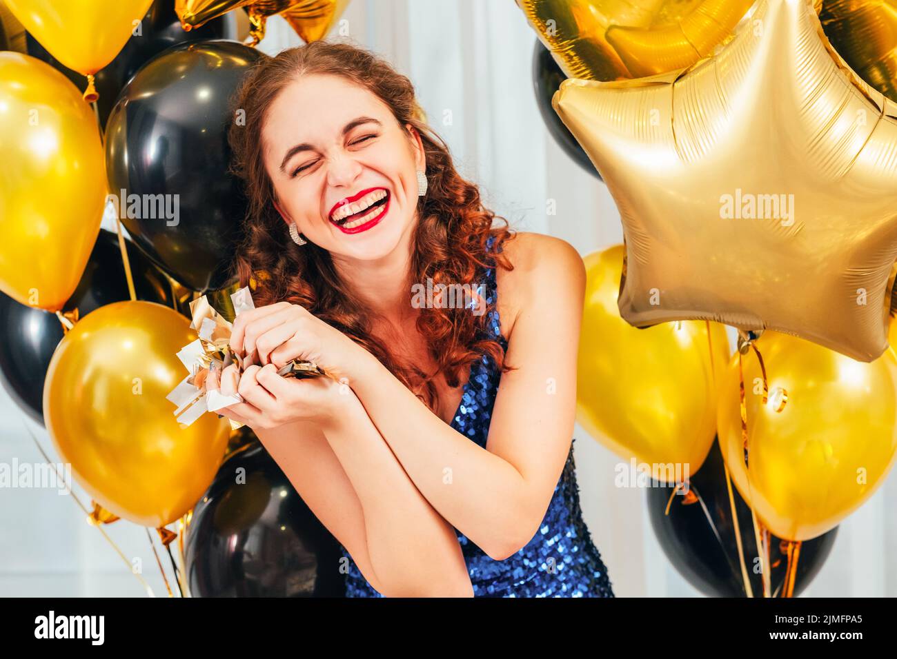 birthday party celebration amused girl confetti Stock Photo Alamy