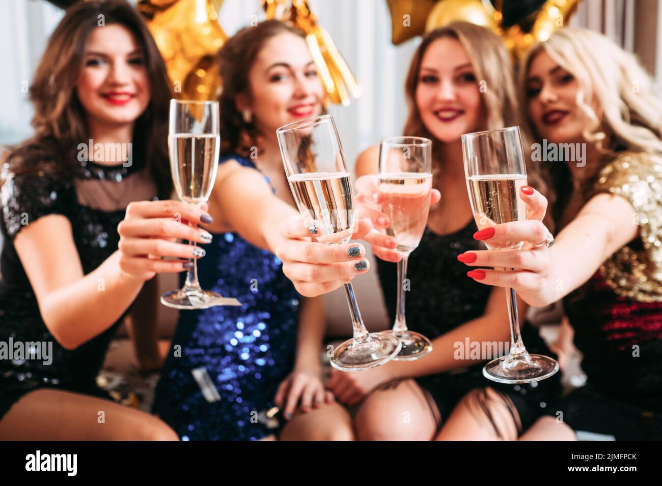 girls hen party champagne glasses congratulations Stock Photo Alamy
