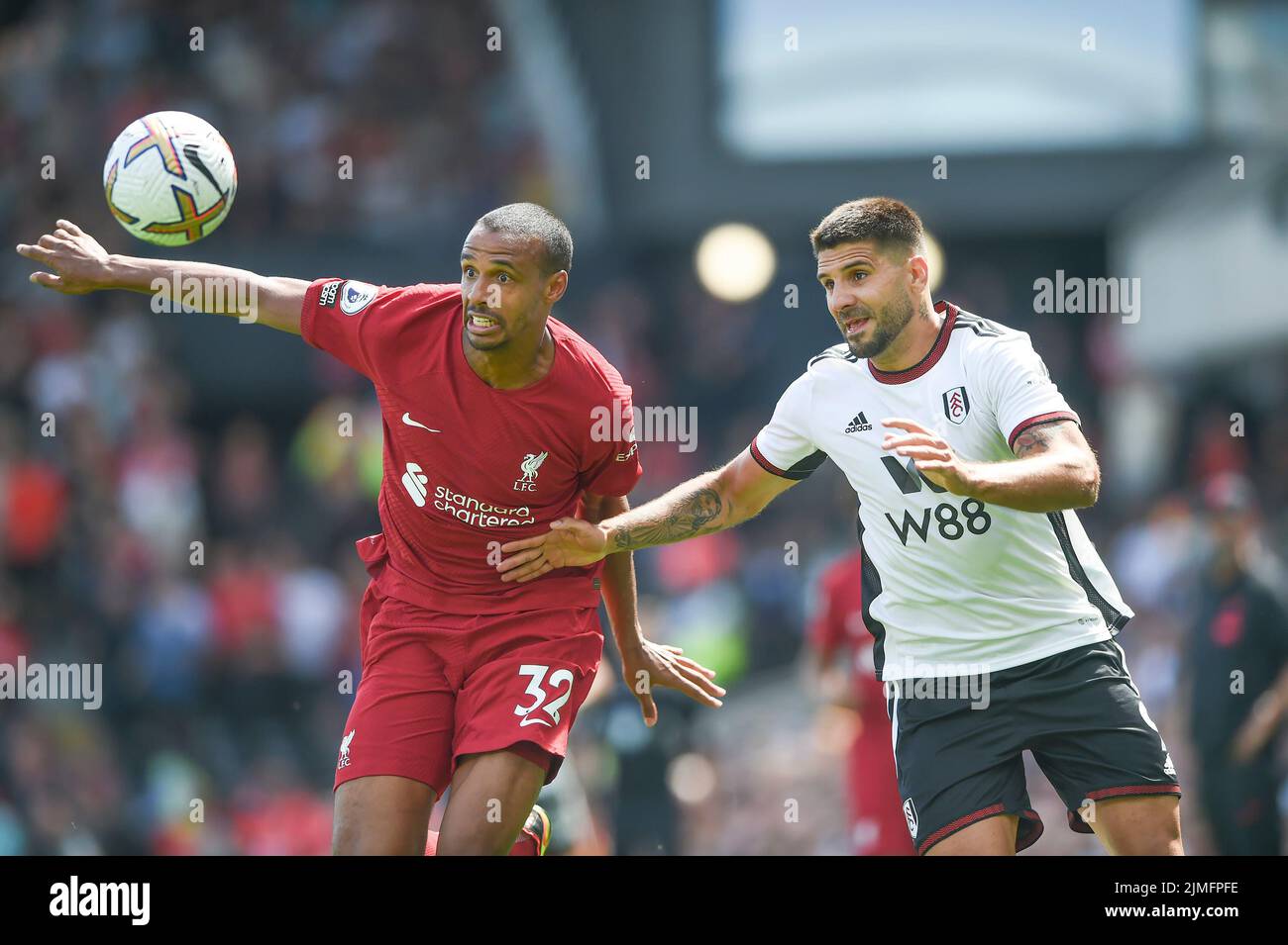 London, UK. 06th Aug, 2022. Aleksandar Mitrovi? of Fulham and Joel Matip of Liverpool during the Premier League match between Fulham and Liverpool at Craven Cottage, London, England on 6 August 2022. Photo by Salvio Calabrese. Editorial use only, license required for commercial use. No use in betting, games or a single club/league/player publications. Credit: UK Sports Pics Ltd/Alamy Live News Stock Photo