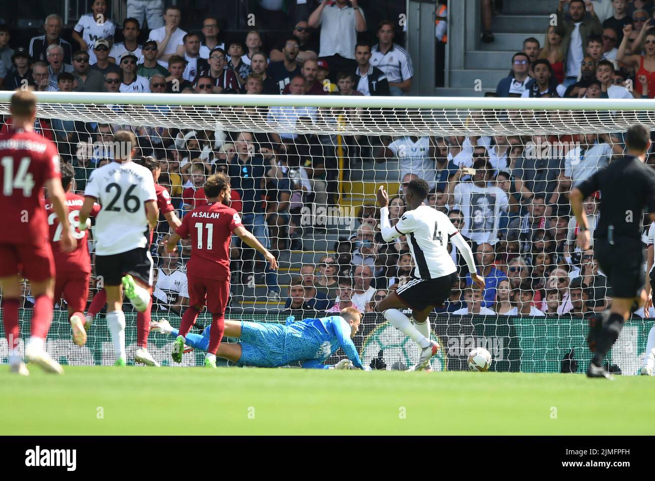 London, UK. 06th Aug, 2022. Mohamed Salah of Liverpool scores the equaliser goal during the Premier League match between Fulham and Liverpool at Craven Cottage, London, England on 6 August 2022. Photo by Salvio Calabrese. Editorial use only, license required for commercial use. No use in betting, games or a single club/league/player publications. Credit: UK Sports Pics Ltd/Alamy Live News Stock Photo