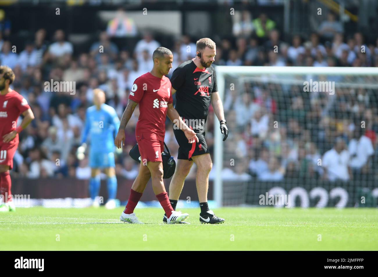 London, UK. 06th Aug, 2022. Thiago Alc‡ntara of Liverpool is injured and leaves the pitch during the Premier League match between Fulham and Liverpool at Craven Cottage, London, England on 6 August 2022. Photo by Salvio Calabrese. Editorial use only, license required for commercial use. No use in betting, games or a single club/league/player publications. Credit: UK Sports Pics Ltd/Alamy Live News Stock Photo