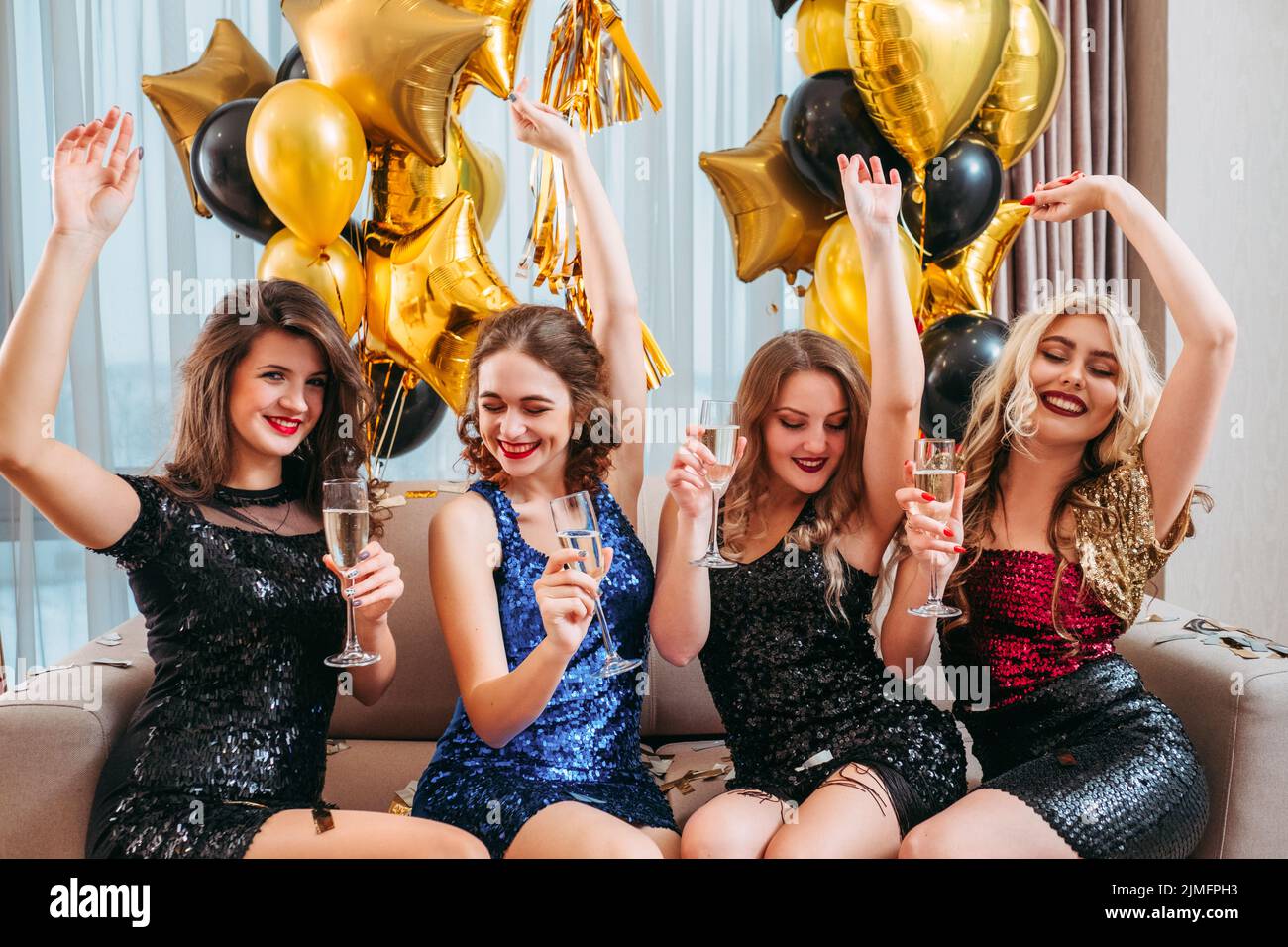 girls party hangout enjoying time together Stock Photo