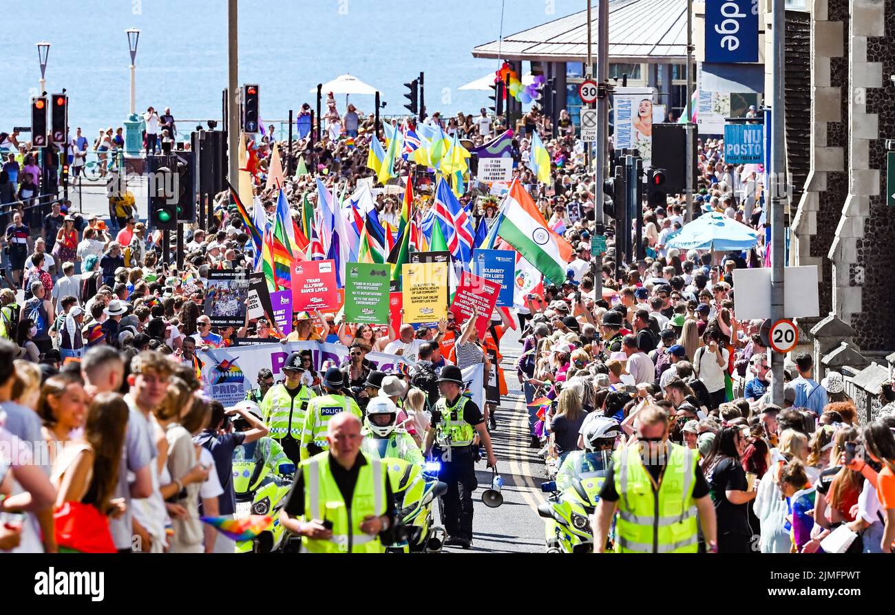Brighton UK 6th August 2022 - Thousands take part in the  Brighton and Hove Pride Parade on a beautiful hot sunny day. With good weather forecast large crowds are expected to attend the UK's biggest LGBTQ Pride festival in Brighton over the weekend : Credit Simon Dack / Alamy Live News Stock Photo