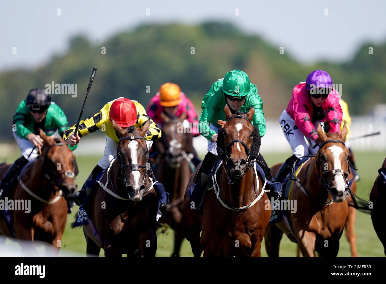 Themaxwecan (second right) ridden by Jamie Spencer comes home to win The Dubai Duty Free Shergar Cup Stayers during the Shergar Cup Meeting at Ascot Racecourse. Picture date: Saturday August 8, 2022. Stock Photo