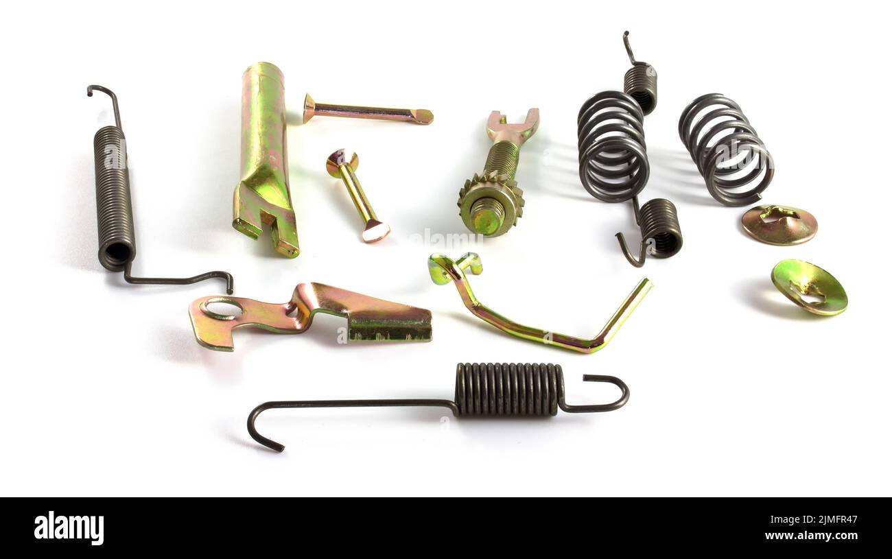 Drum brake hardware repair kit isolated on white background Stock Photo