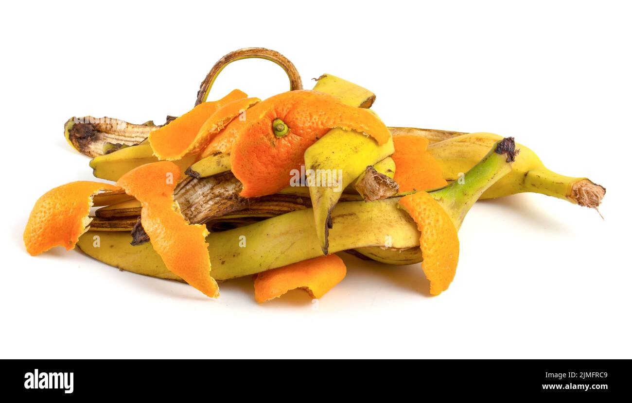 Fruit waste, banana peel and citrus isolated on white background Stock