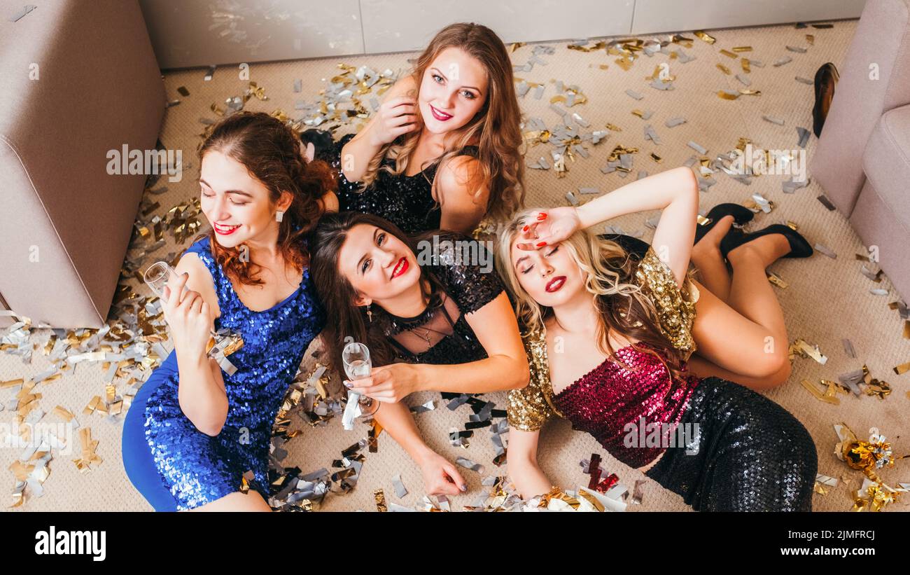 girls party chaos celebration tired delighted Stock Photo
