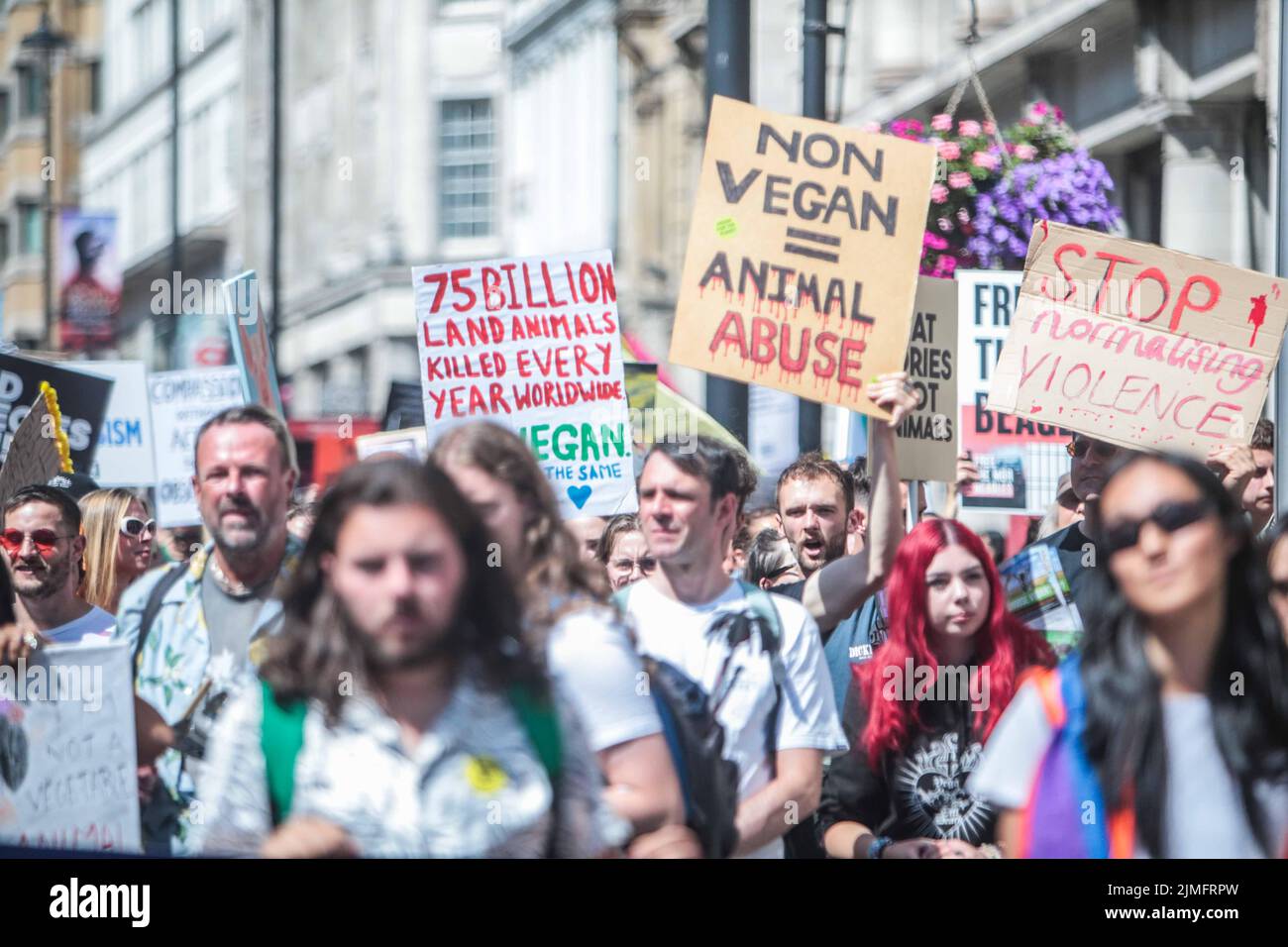 London UK 06.Aug 2022 Animal  right groups united for a rally through Central London with placards of Go Vegan and stop cruelty against animals  Paul Quezada-Neiman/Alamy Live News Stock Photo