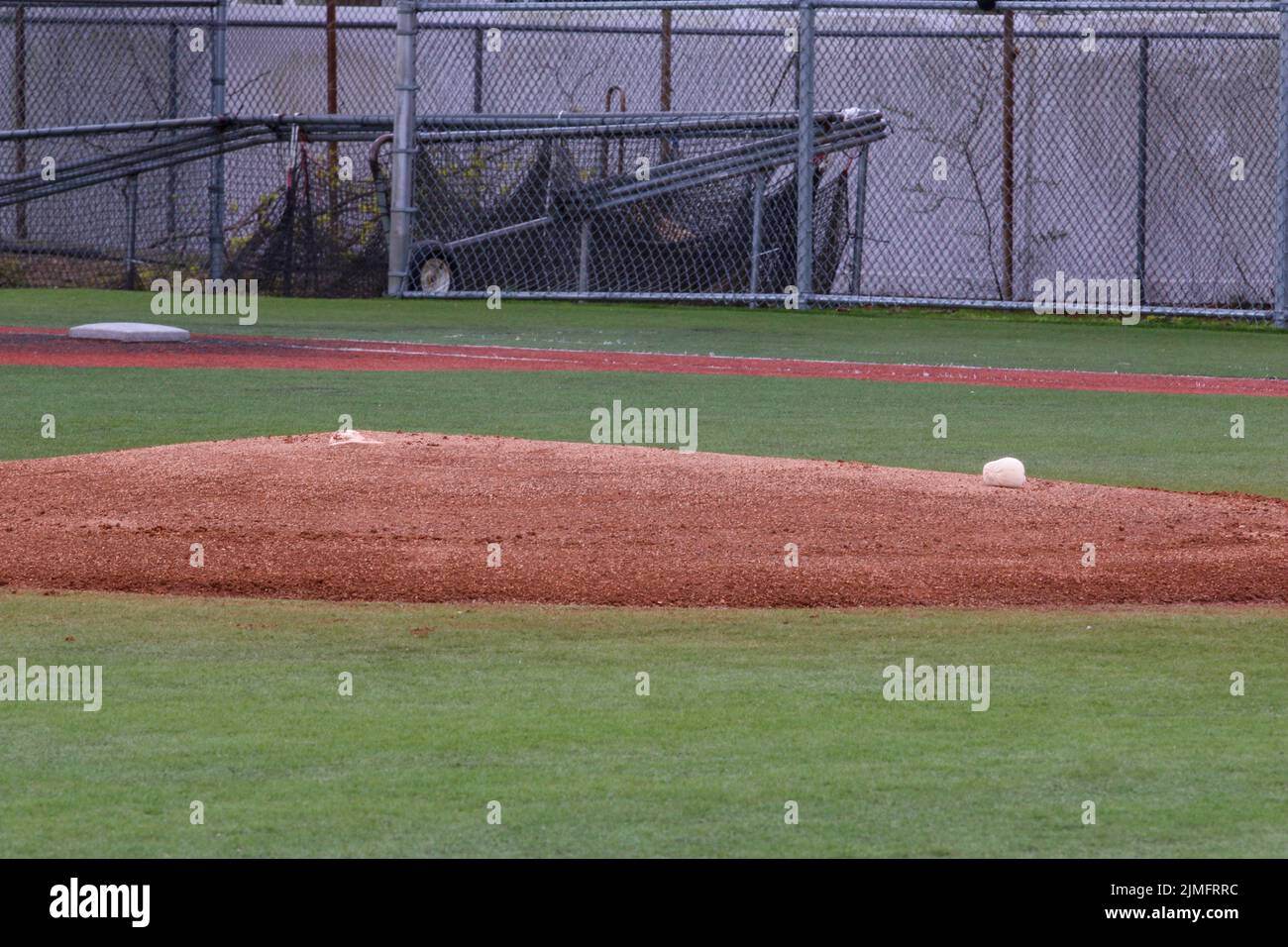 Empty baseball pitchers mound on a turf field looking from third base Stock Photo Alamy