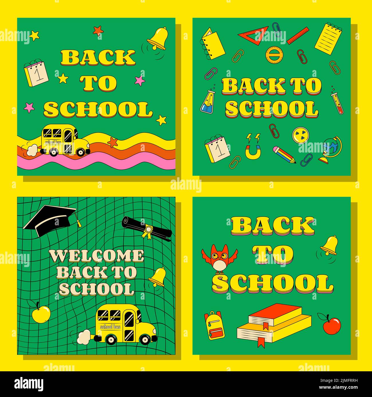 Set of Back to School Banners in Groove Style Party Cards Stock Vector