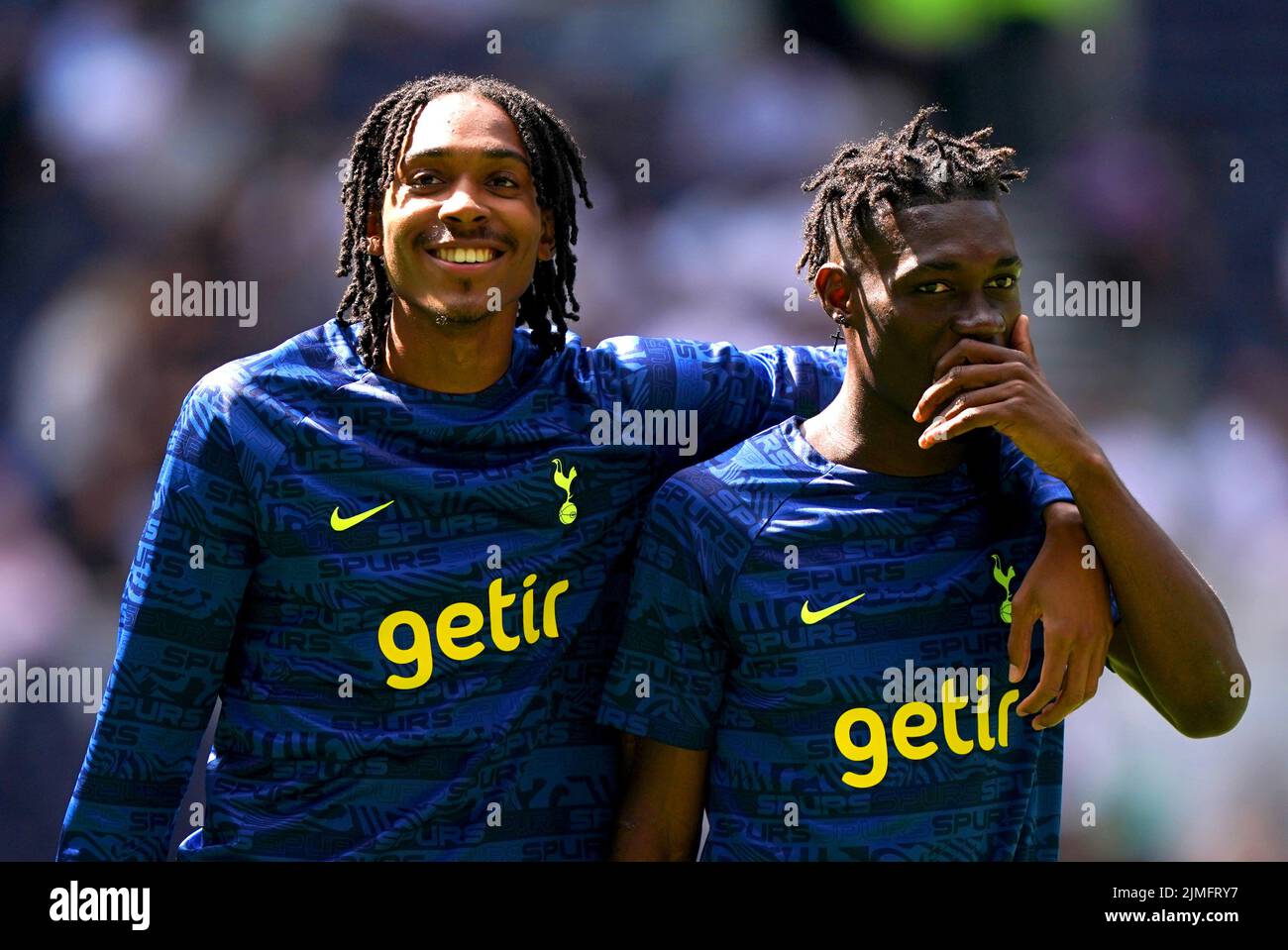 Tottenham Hotspur's Djed Spence (left) and Yves Bissouma on the pitch ahead of the Premier League match at Tottenham Hotspur Stadium, London. Picture date: Saturday August 6, 2022. Stock Photo