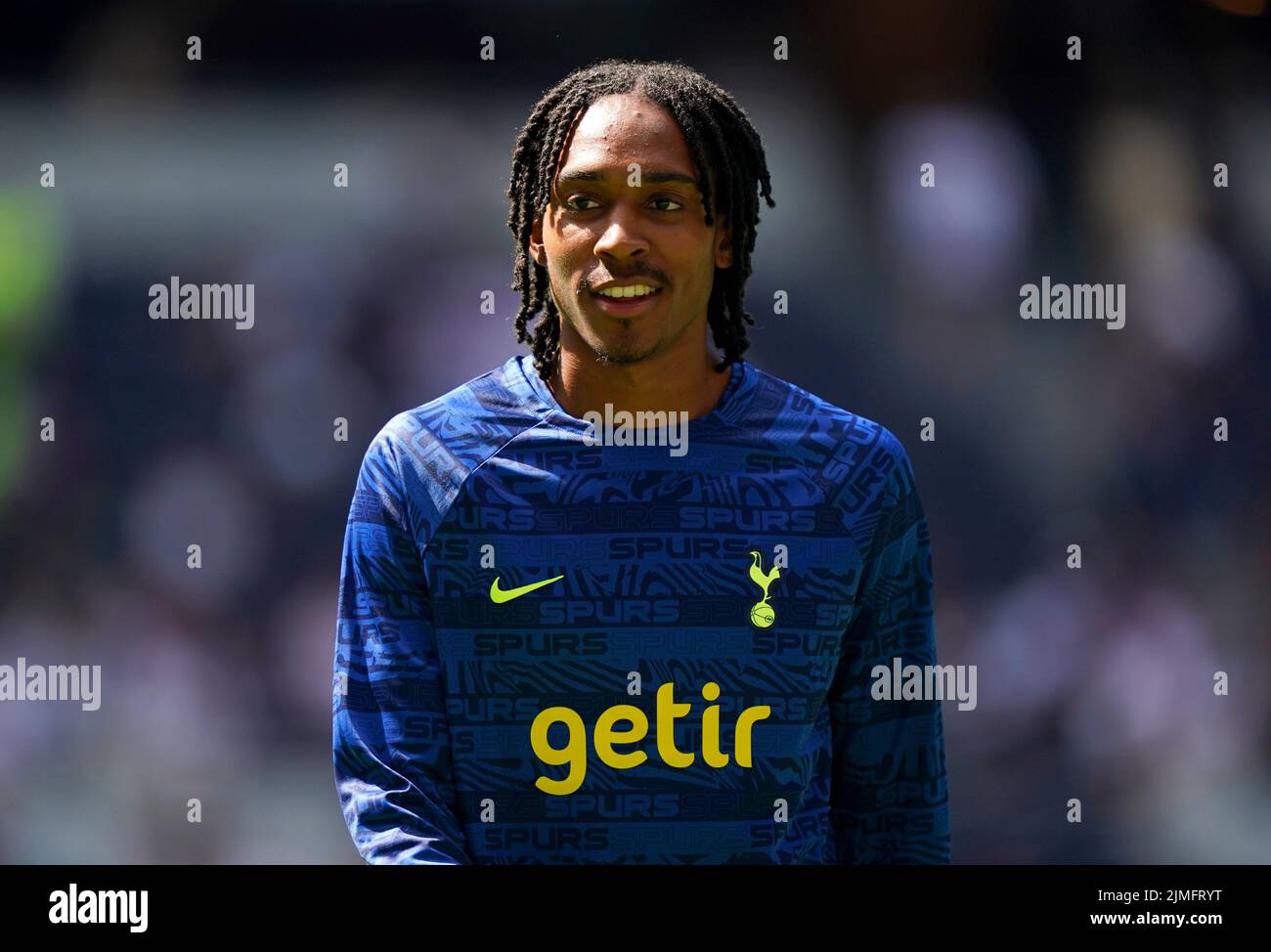 Tottenham Hotspur's Djed Spence warms up on the pitch ahead of the Premier League match at Tottenham Hotspur Stadium, London. Picture date: Saturday August 6, 2022. Stock Photo