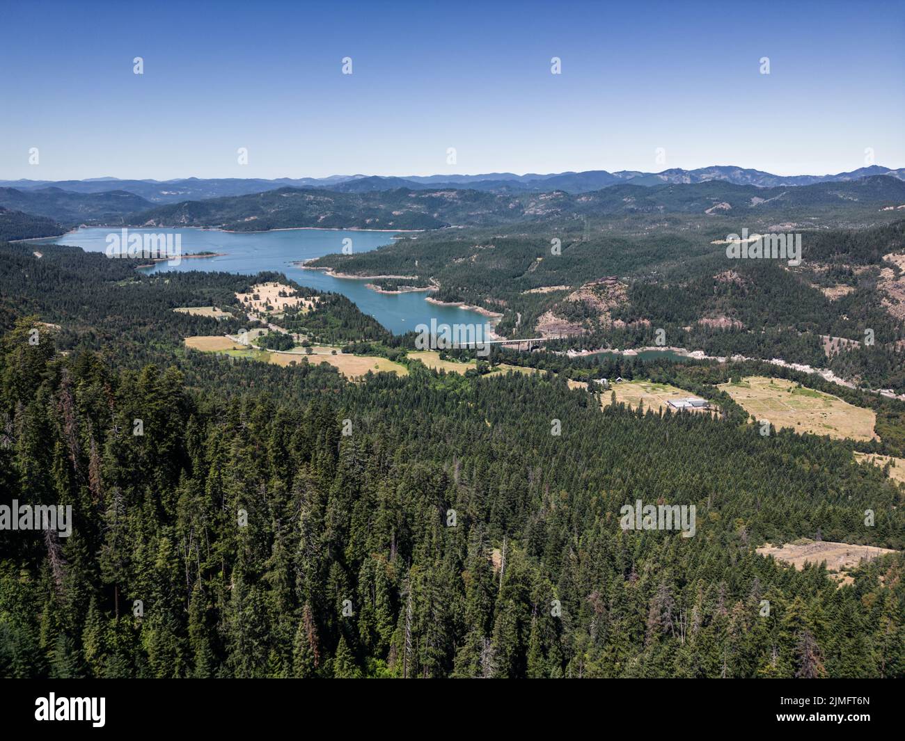 Aerial view of lost creek lake and and Payton bridge from the top of a mountain Stock Photo