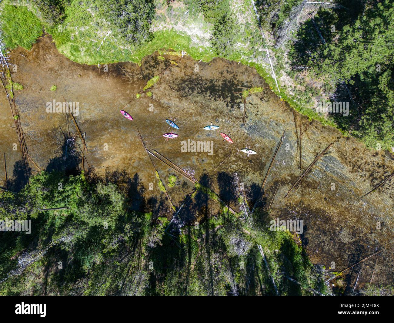 Group of people kayaking Spring Creek, a cristal clear river in Southern Oregon Stock Photo