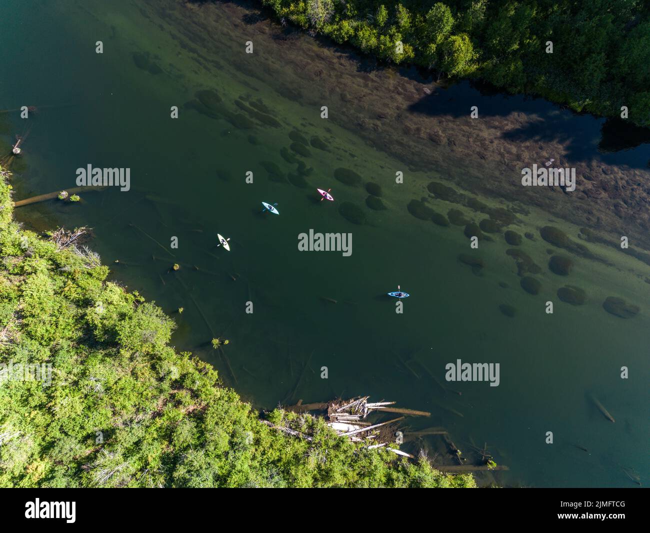 Aerial view of a group of friends Kayaking the north fork of the Rogue River in Prospect Oregon Stock Photo