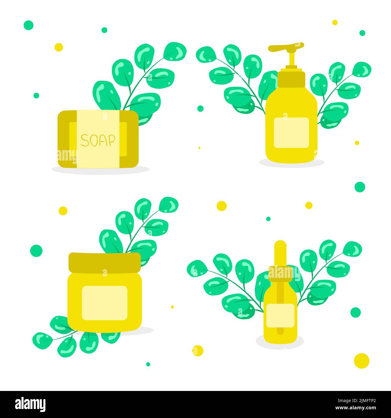 A set of bottles and tubes of cosmetics, jars for skin care with face, hair  and body cream. Trendy style for postcard, banner, wrapping paper template.  Vector illustration. 5295191 Vector Art at