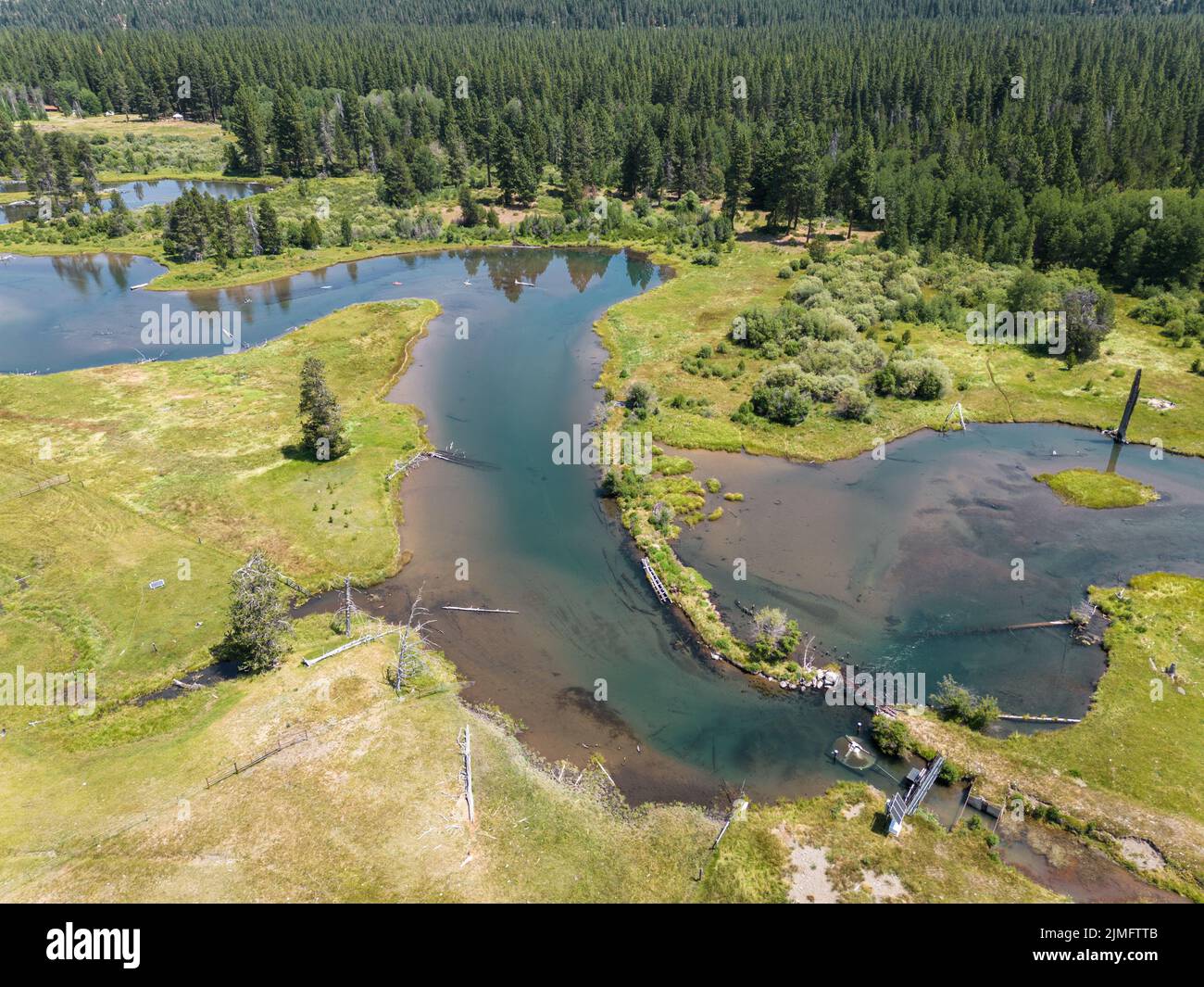 Aerial view of a group of friends kayaking Wood River near Fort Klamath in southern Oregon Stock Photo