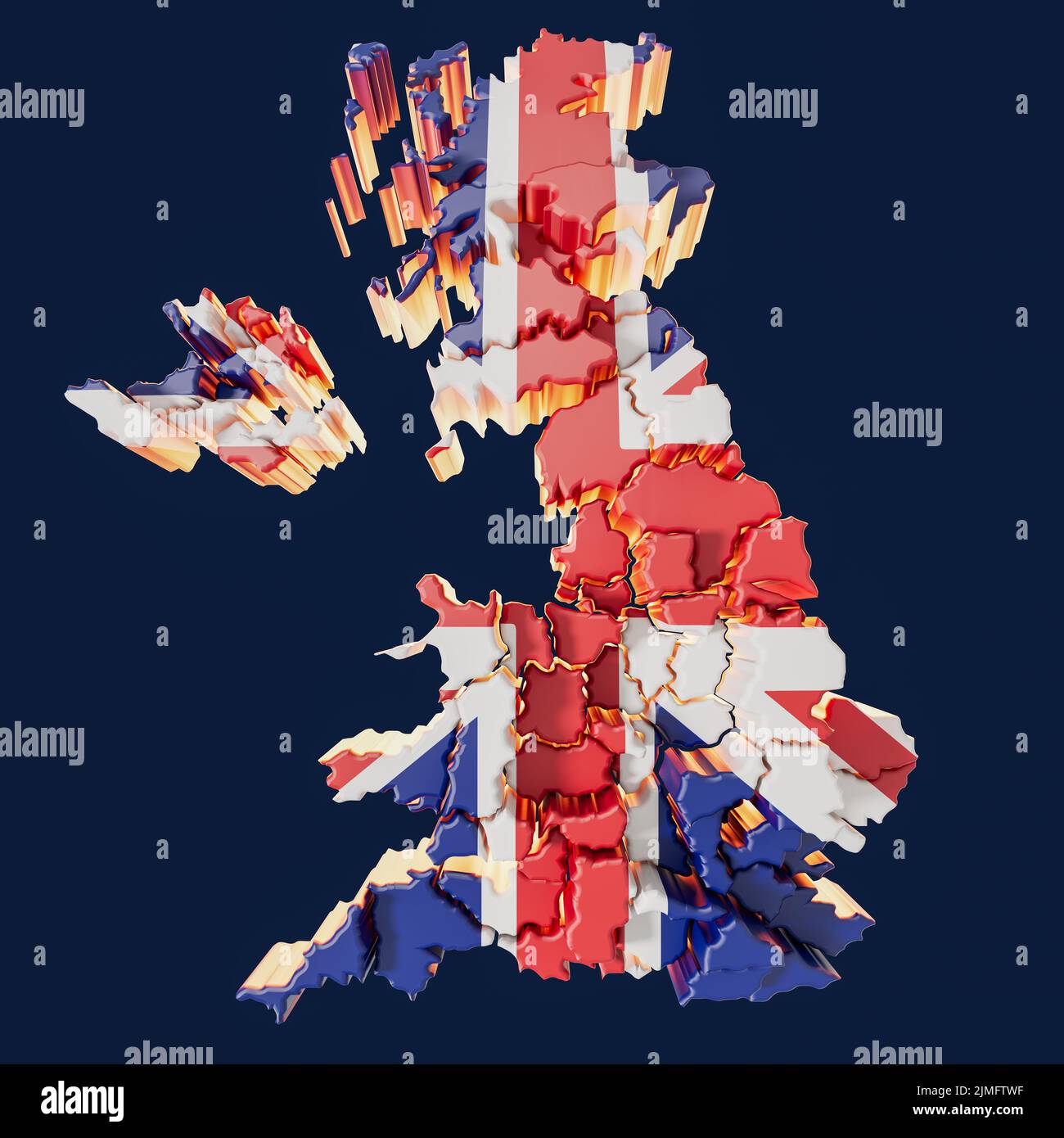 United Kingdom Map With Offset Regions 3D Render Stock Photo
