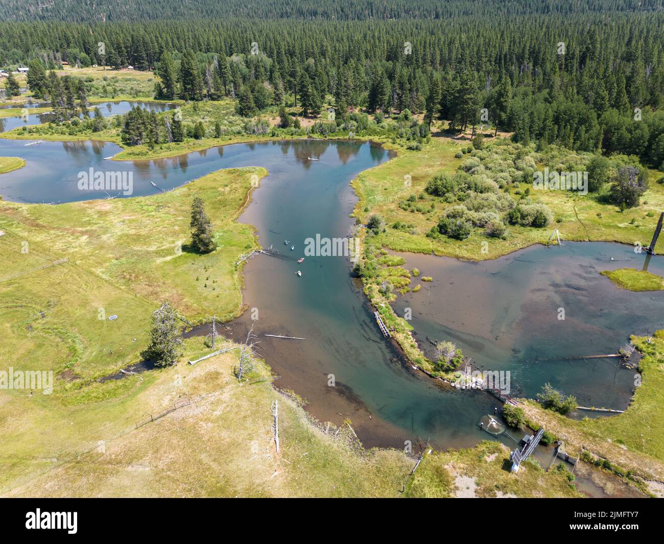 Aerial view of a group of friends kayaking Wood River near Fort Klamath in southern Oregon Stock Photo