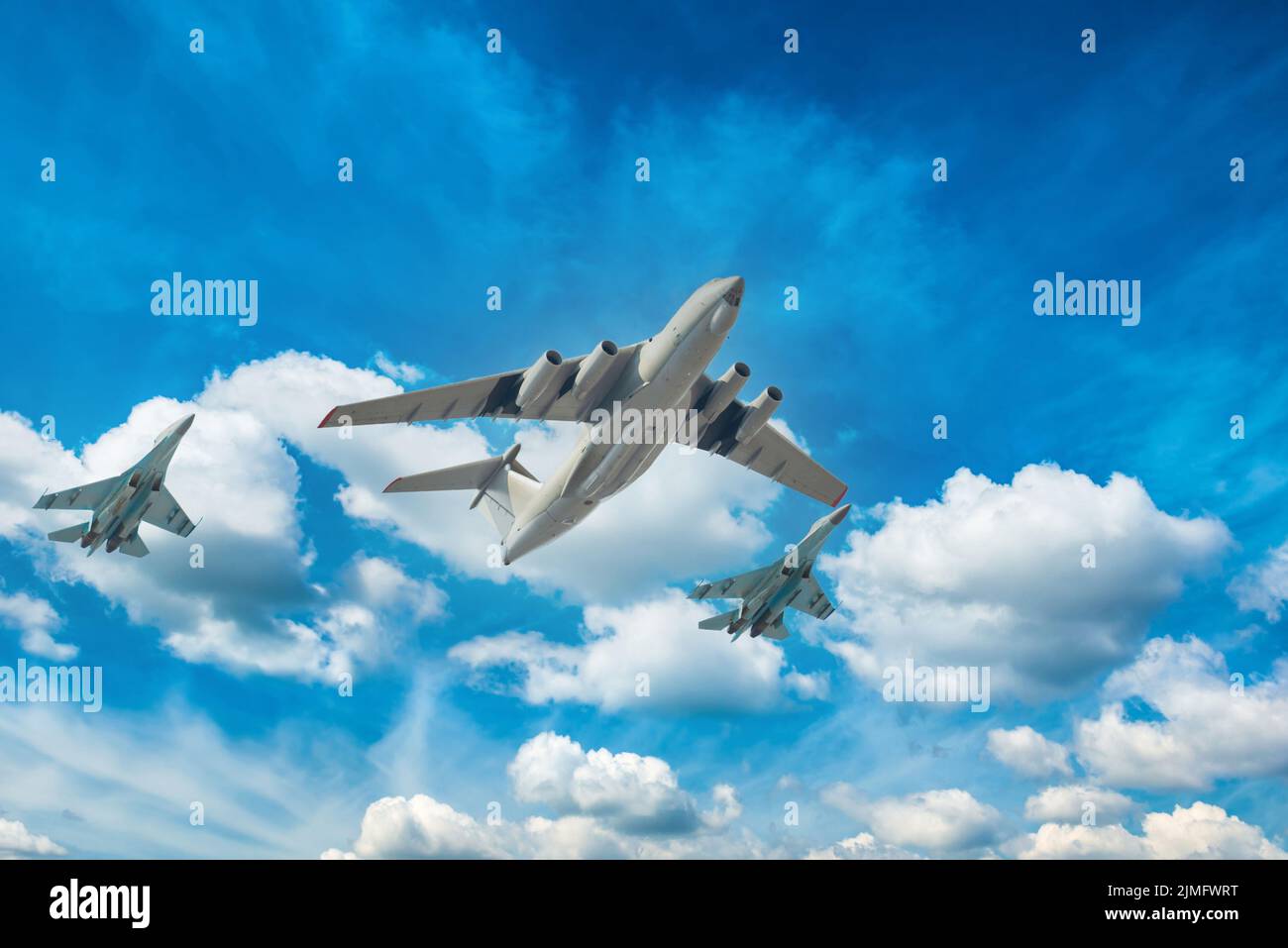 Military jets flying in sky Stock Photo