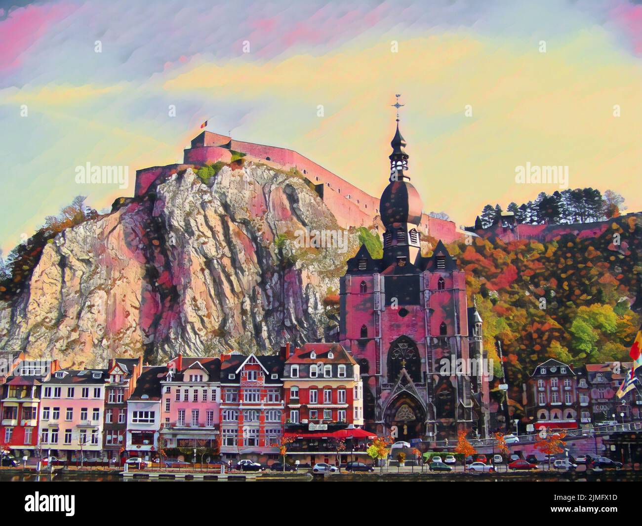 The mixed media image of the city of Dinant, Belgium. The Citadel is built on high cliffs, a collegiate church, and brightly colored buildings. Stock Photo