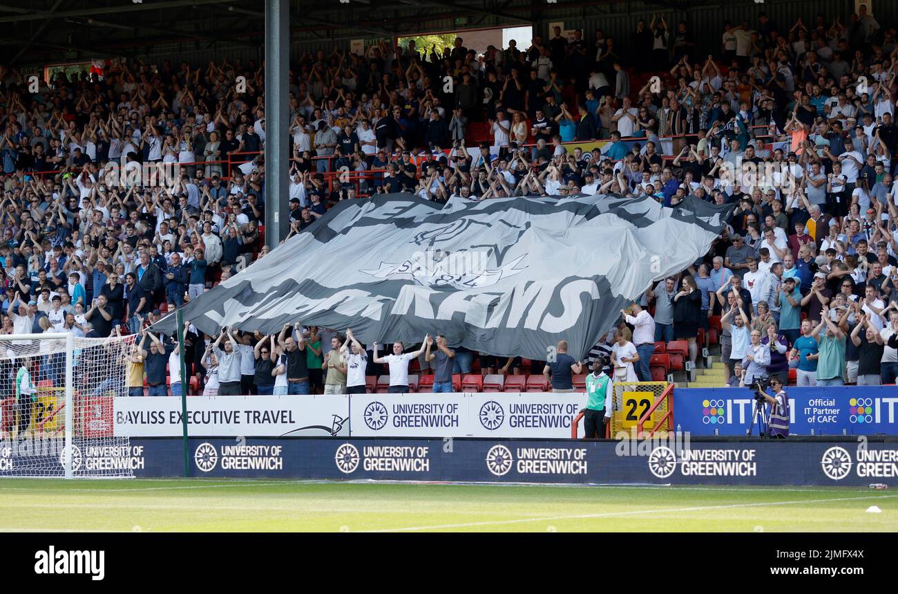 Derby County fans unveil a banner in the stands before the Sky Bet League One match at The Valley, London. Picture date: Saturday August 6, 2022. Stock Photo