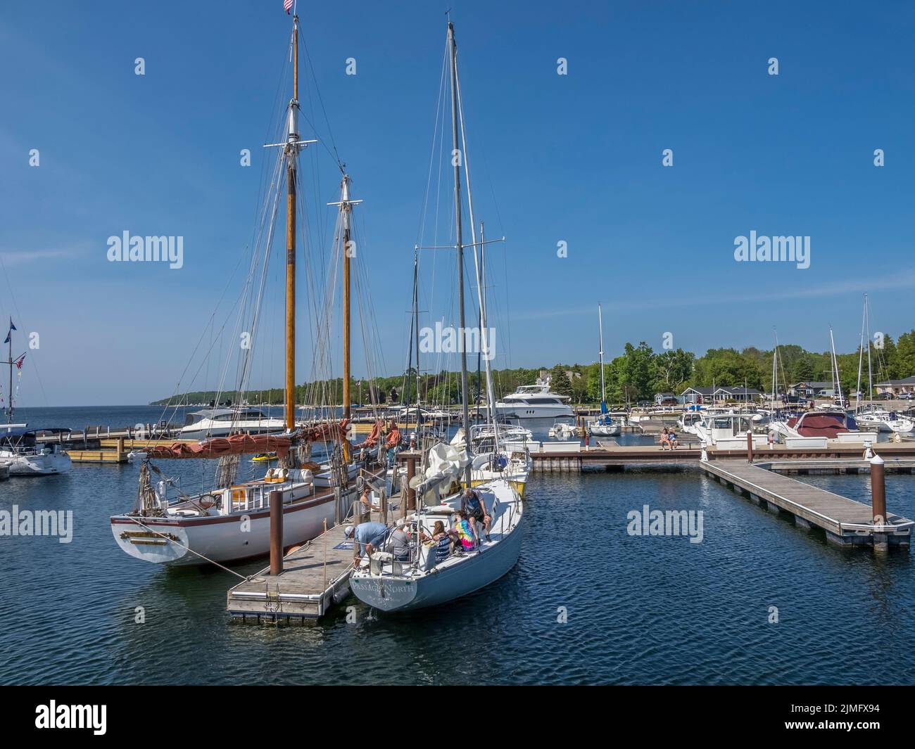 Sailboats in the Sister Bay Marina on Lake Michigan in Sister Bay in Door County Wisconsin USA Stock Photo