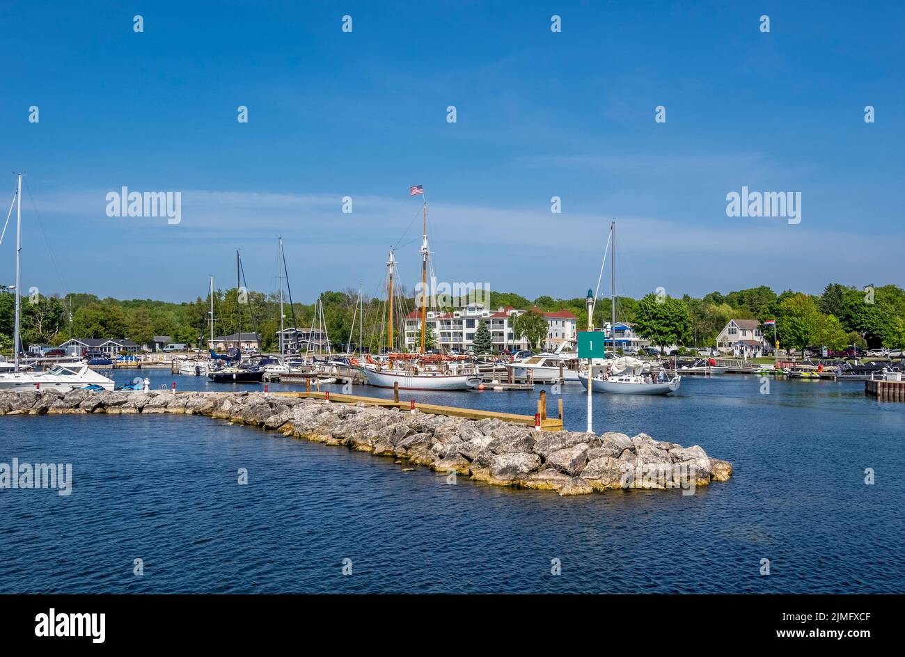 Sailboats in the Sister Bay Marina on Lake Michigan in Sister Bay in Door County Wisconsin USA Stock Photo