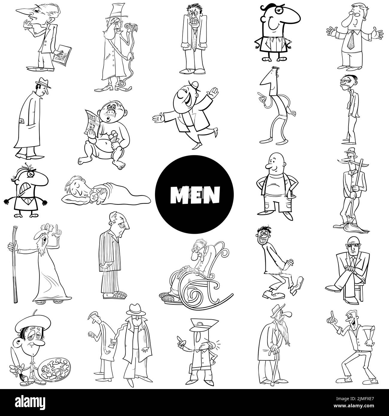 Black and white cartoon men comic characters big collection Stock Photo