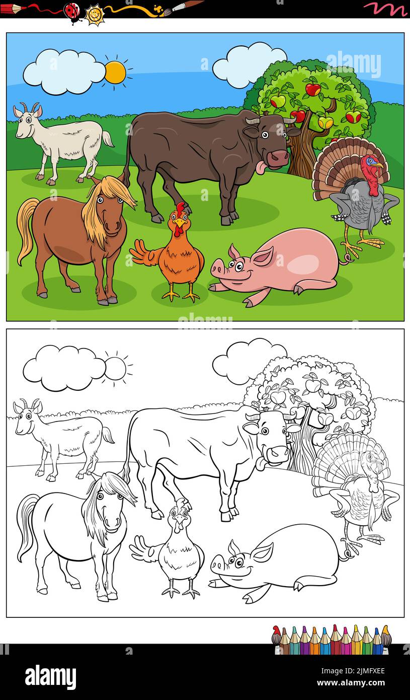 Cartoon farm animals group coloring book page Stock Photo - Alamy