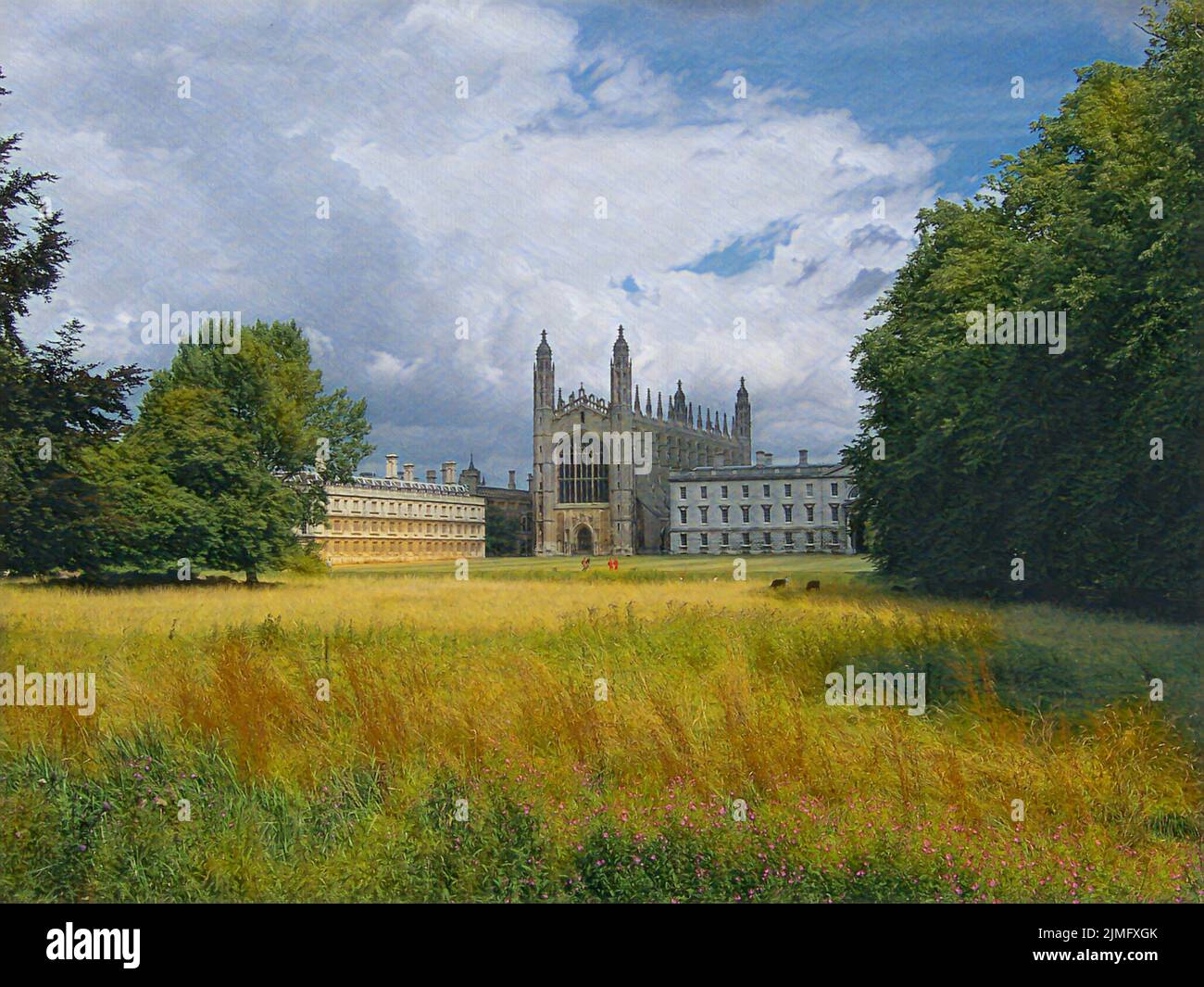 River Cam view of King's College Chapel in Cambridge, England. Edited to look like a painting, with fluffy clouds, green trees, and tall grass growing Stock Photo