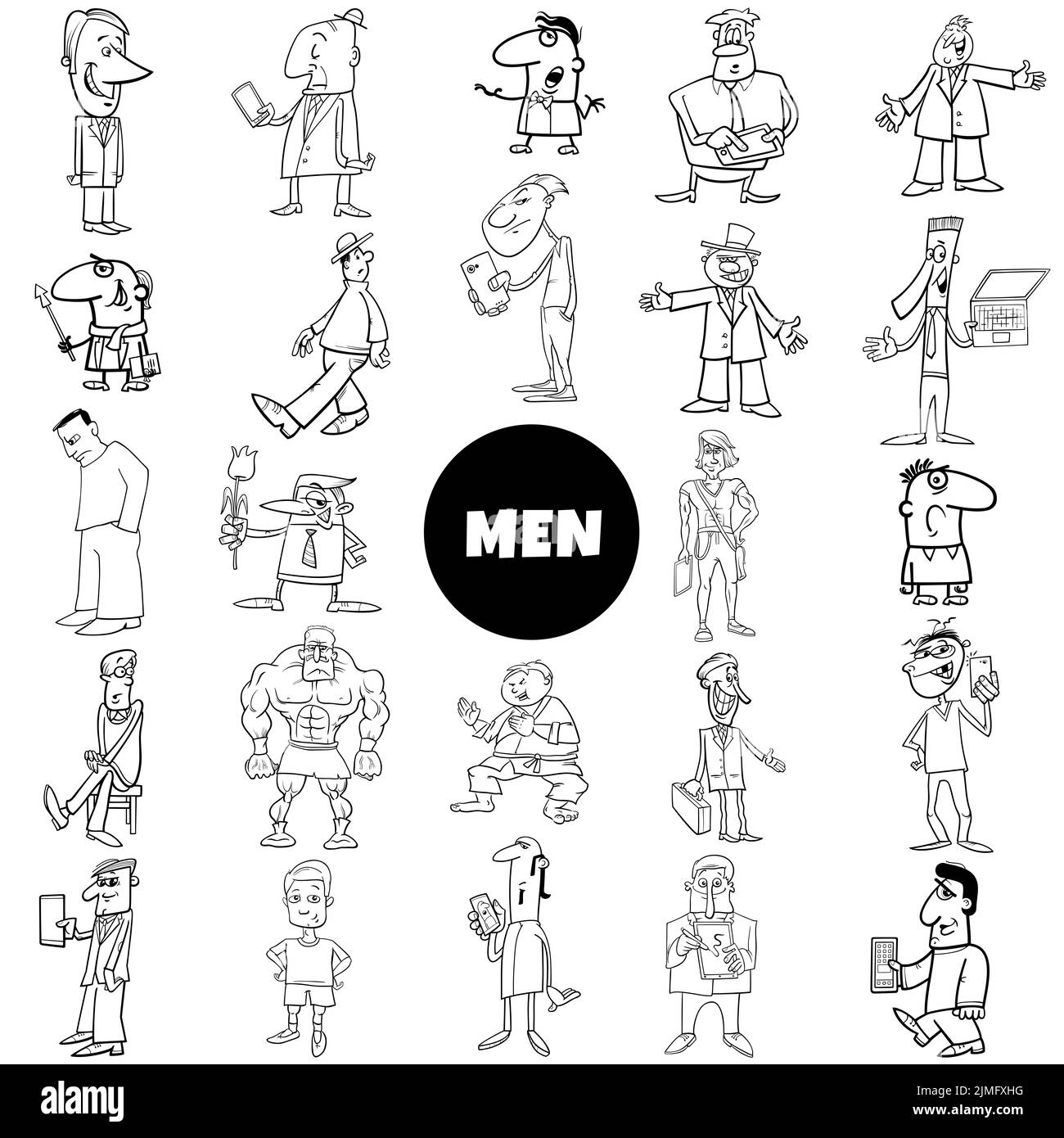 Black and white funny cartoon men characters big collection Stock Photo