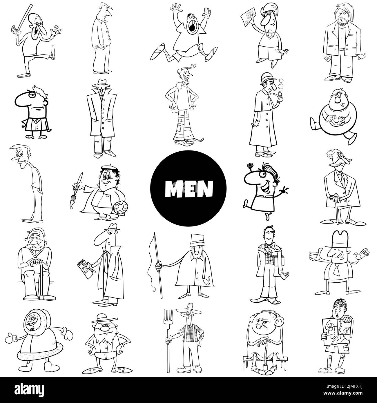 Black and white cartoon men comic characters big set Stock Photo