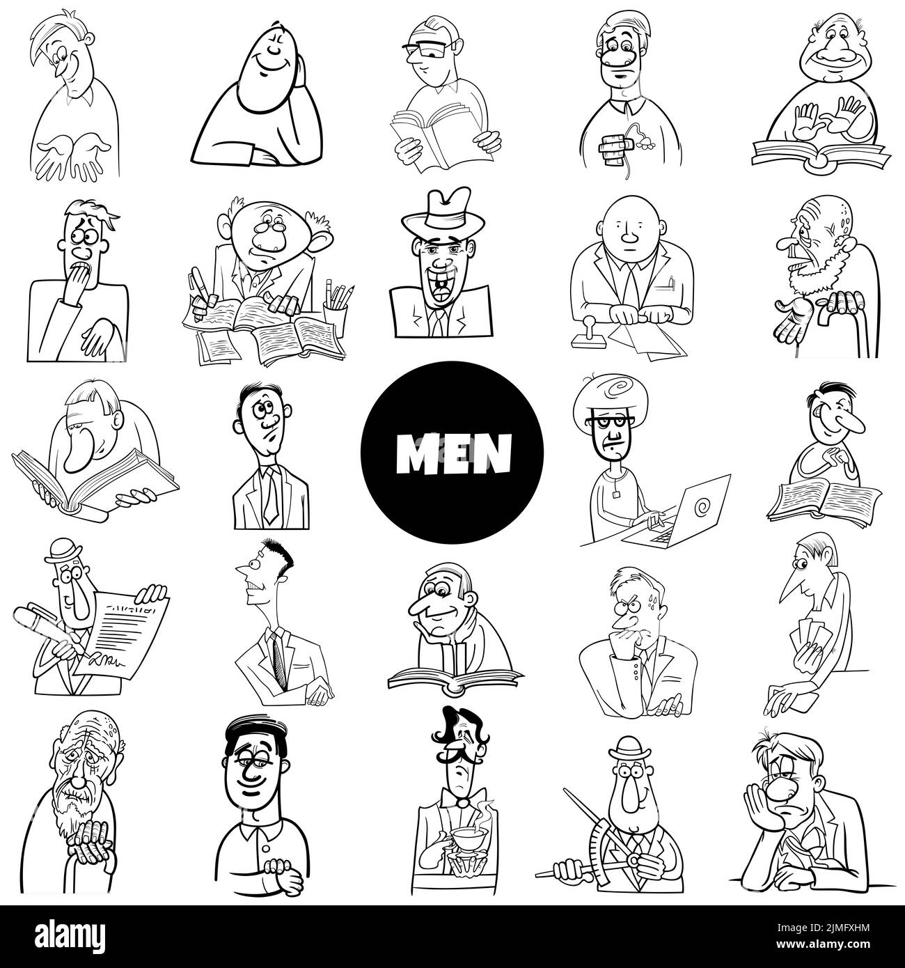 Black and white funny cartoon men characters big set Stock Photo - Alamy