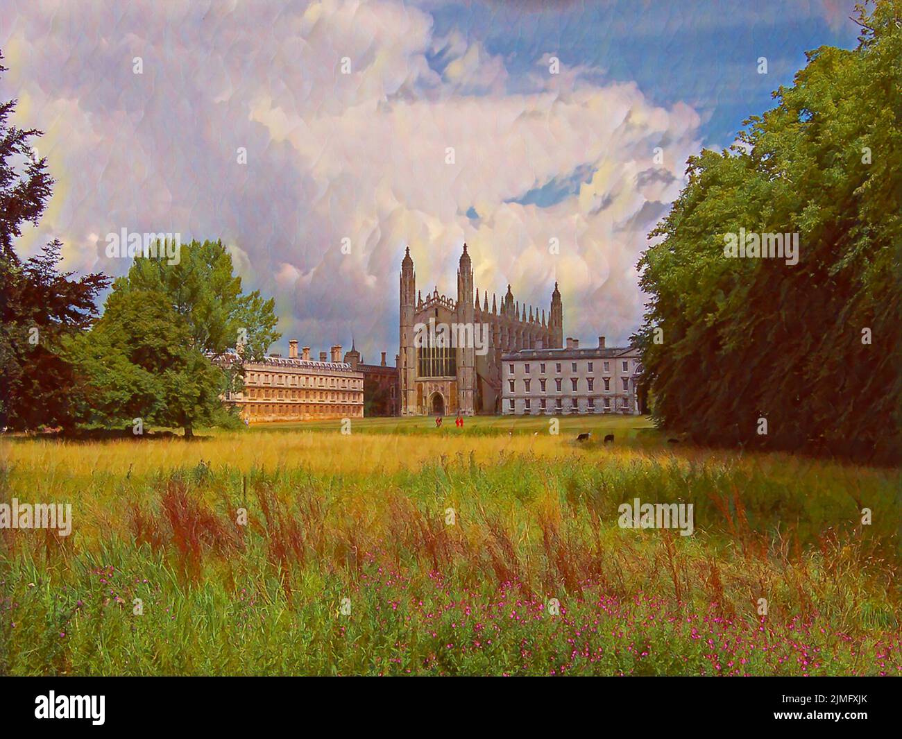 River Cam view of King's College Chapel in Cambridge, England. Edited to look like a painting, with fluffy clouds, green trees, and tall grass growing Stock Photo