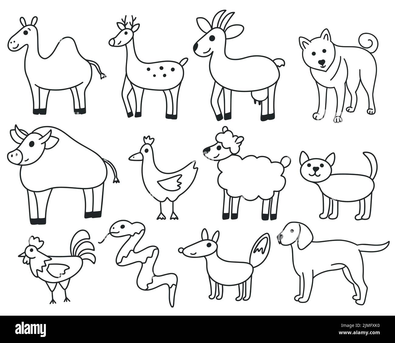 Doodle simple animals set. Black line contour cute forest and home dwellers. Collection of isolated childrens characters coloring book. Vector flat Stock Vector