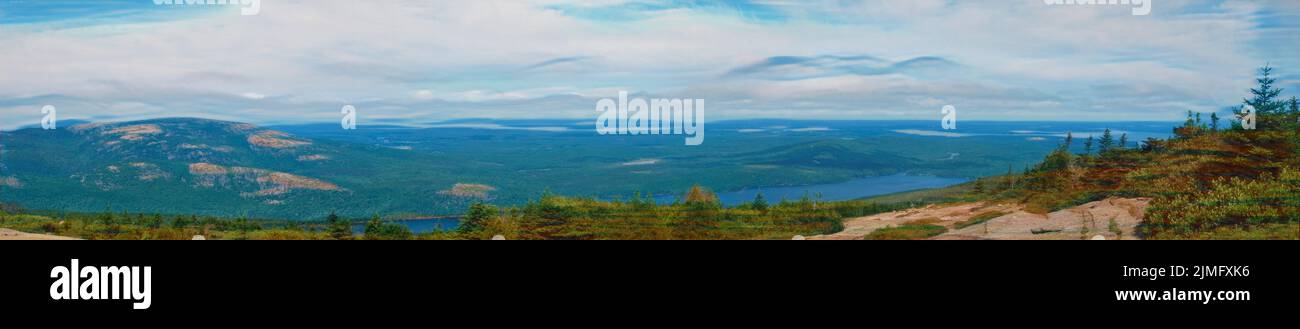 Overlooking Maine Acadia National Park on top of Cadillac Mountain during summer Stock Photo