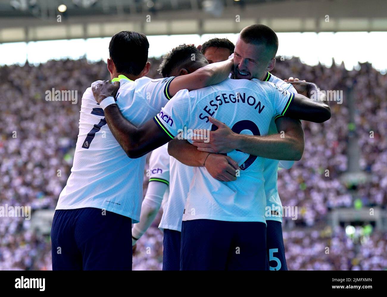 Tottenham Hotspur's Ryan Sessegnon celebrates with his team-mates after scoring their side's first goal of the game during the Premier League match at Tottenham Hotspur Stadium, London. Picture date: Saturday August 6, 2022. Stock Photo